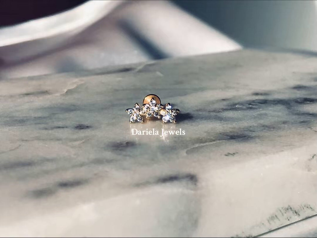 Piercing Tria en acier inoxydable 316L avec fleurs et strass oxyde de zirconium